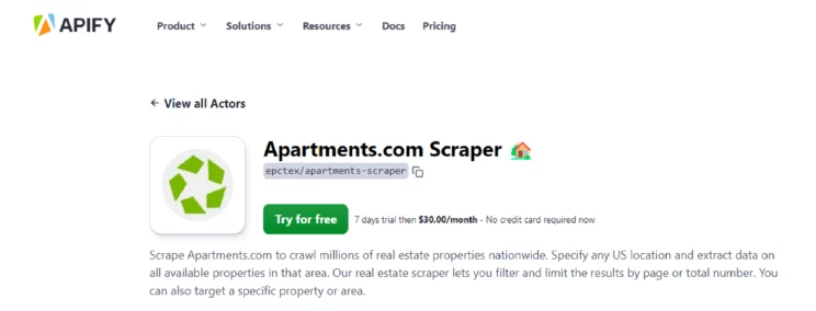 screenshot of the home page of Apartments.com real estate scraper. 