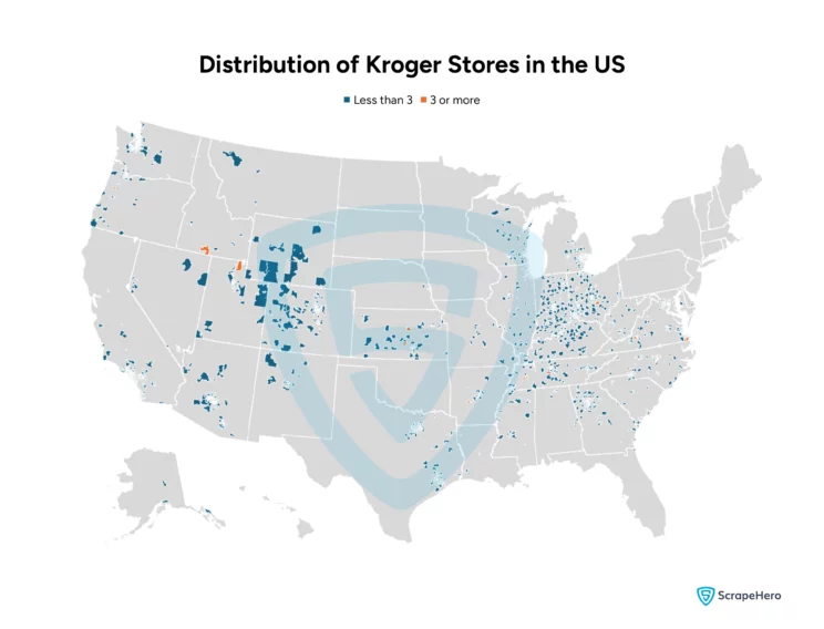 A map of the US with the Kroger store locations in the US. 