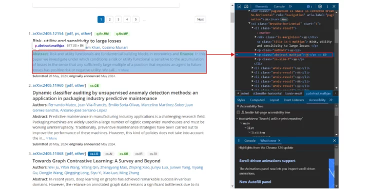 Developer tools showing the span tag holding article abstract