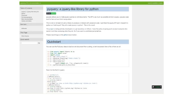 Documentation page of PyQuery