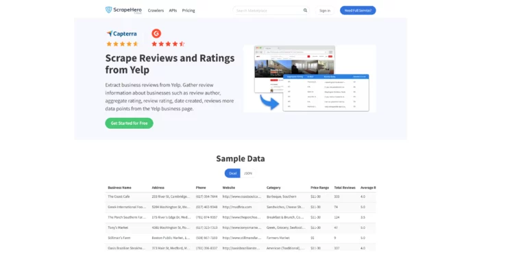 ScrapeHero Yelp Reviews and Ratings Scraper homepage