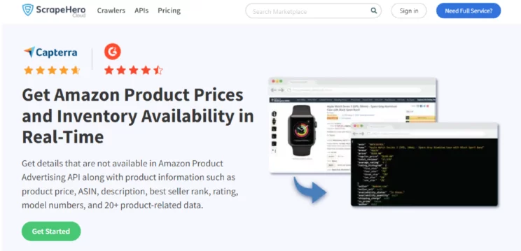The home page of ScrapeHero Amazon Product Details and Pricing API, one of the Amazon Scraping APIs.