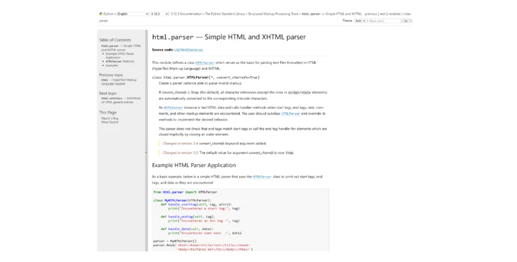 html.parser documentation page