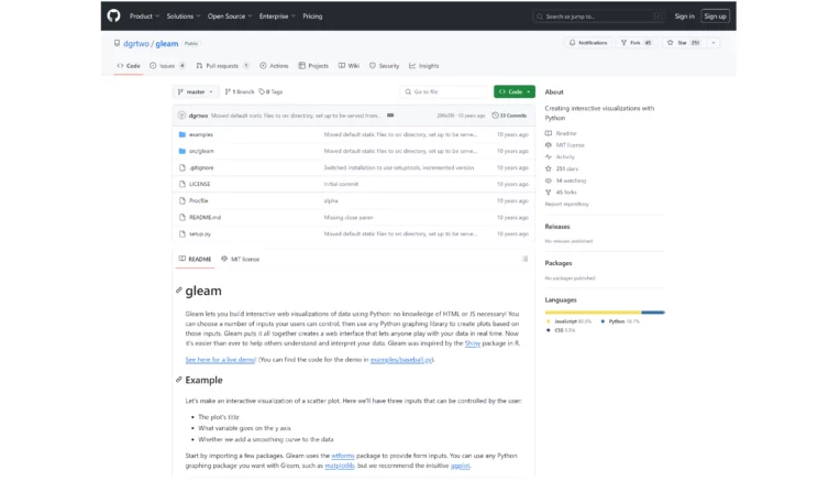 Homepage of Python data visualization library Gleam