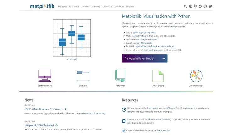 Homepage of Python data visualization library Matplotlib