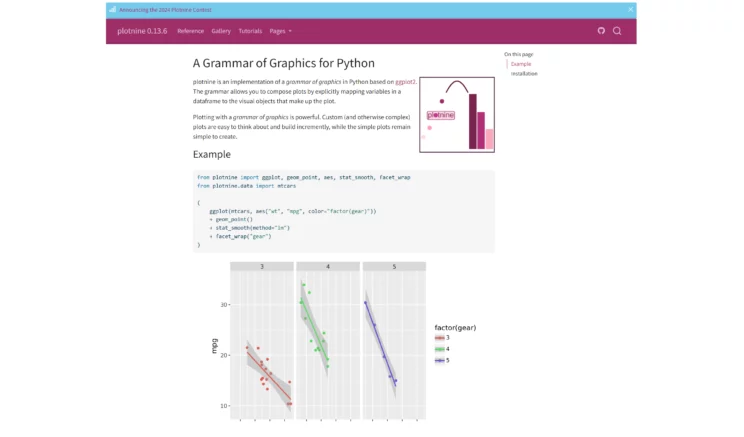 Homepage of Python data visualization library Plotnine