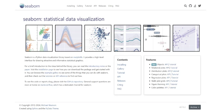 Homepage of Python data visualization library Seaborn