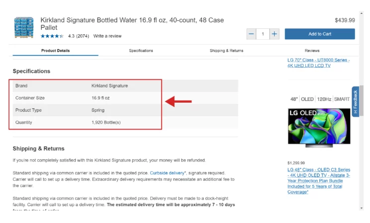 Product page of Costco showing product specifications