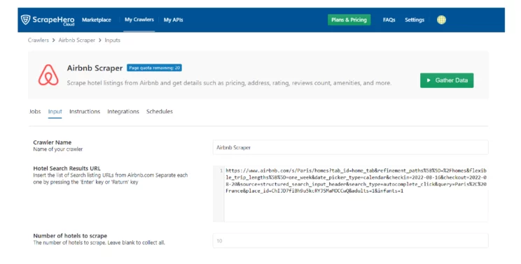 screenshot of the first step in using ScrapeHero Airbnb scraper