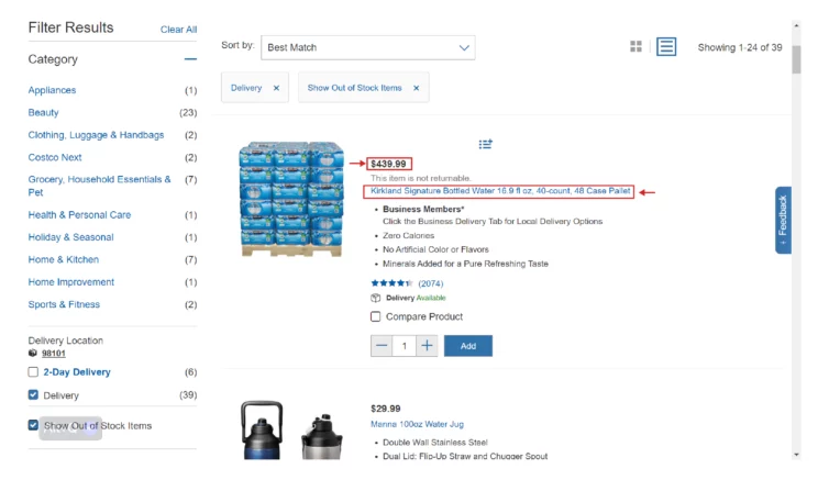 Search results page of Costco