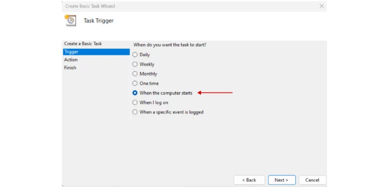 Task Scheduler’s page showing trigger options