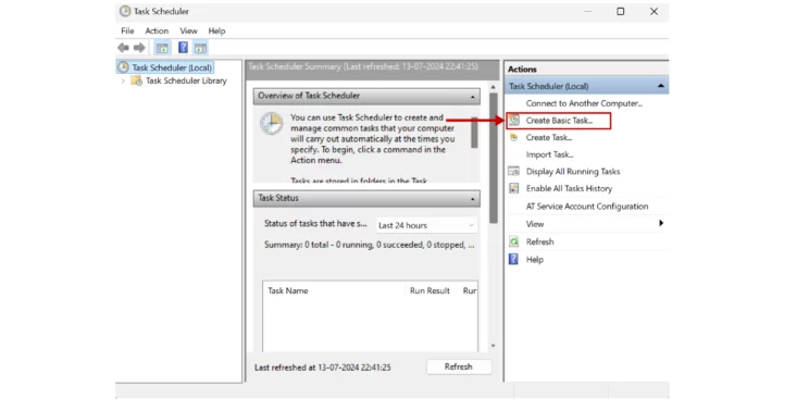 Task Scheduler’s startup window showing options to create a basic task