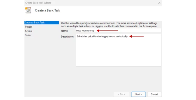 Task Scheduler’s window to input the task details