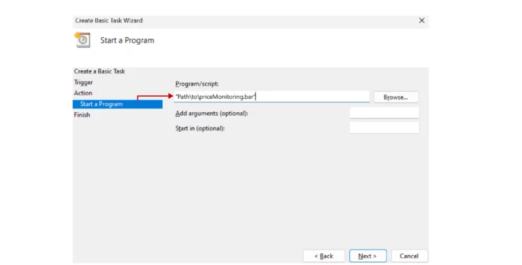 Task Scheduler’s windows showing input field for the script’s path