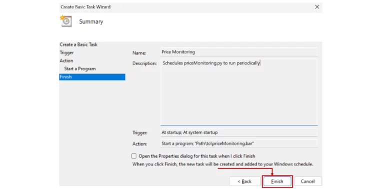 Task Scheduler’s windows showing the properties of the created task