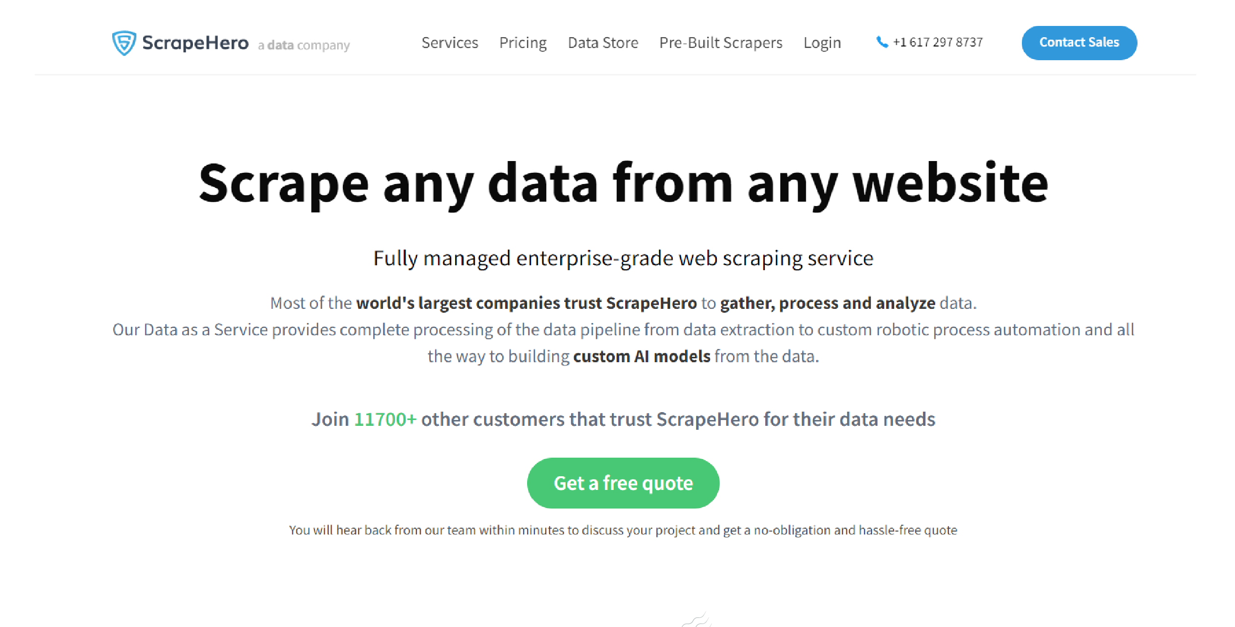 A screenshot showing the home page of ScrapeHero, one of the best web scraping services available in 2024.