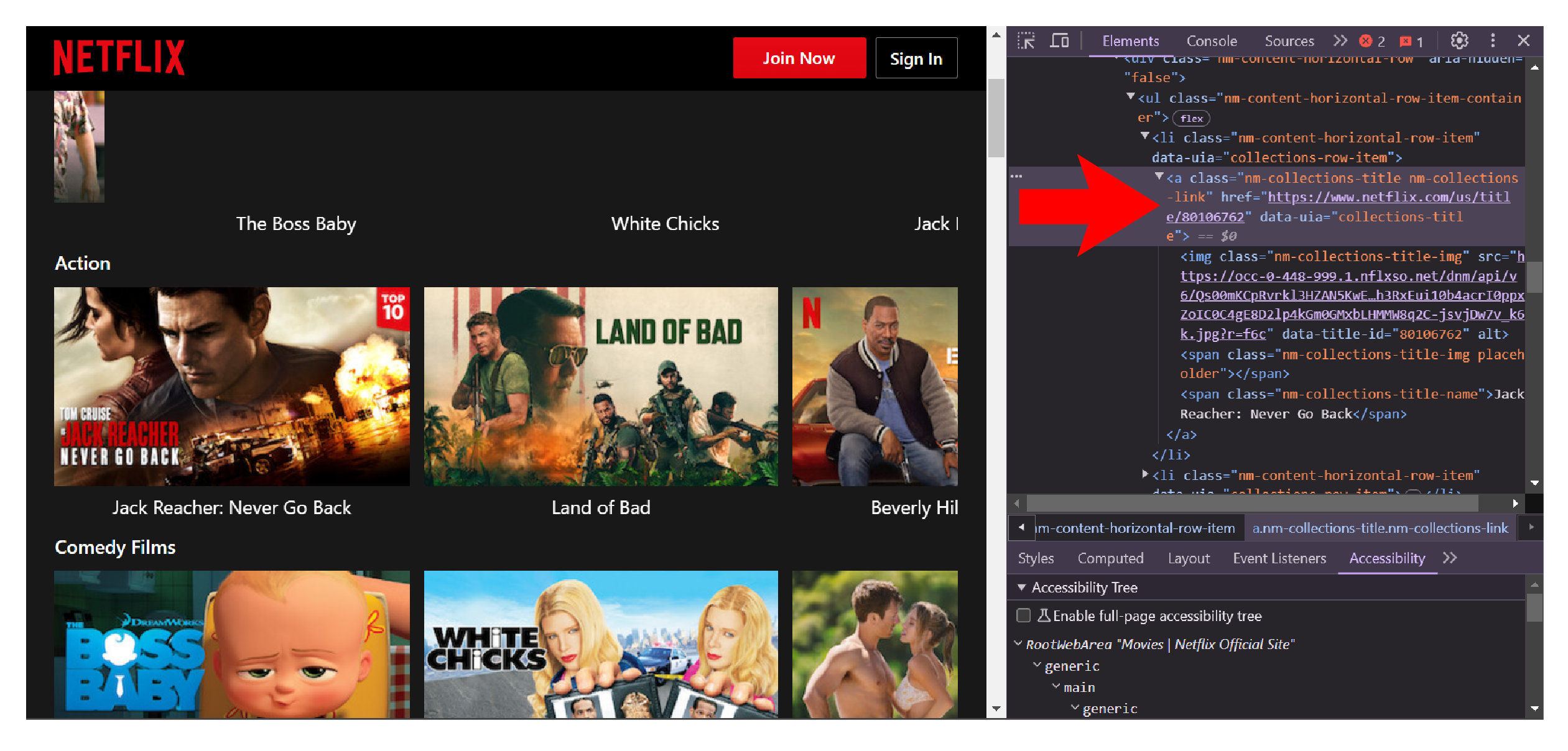 Netflix page showing links on the inspect panel