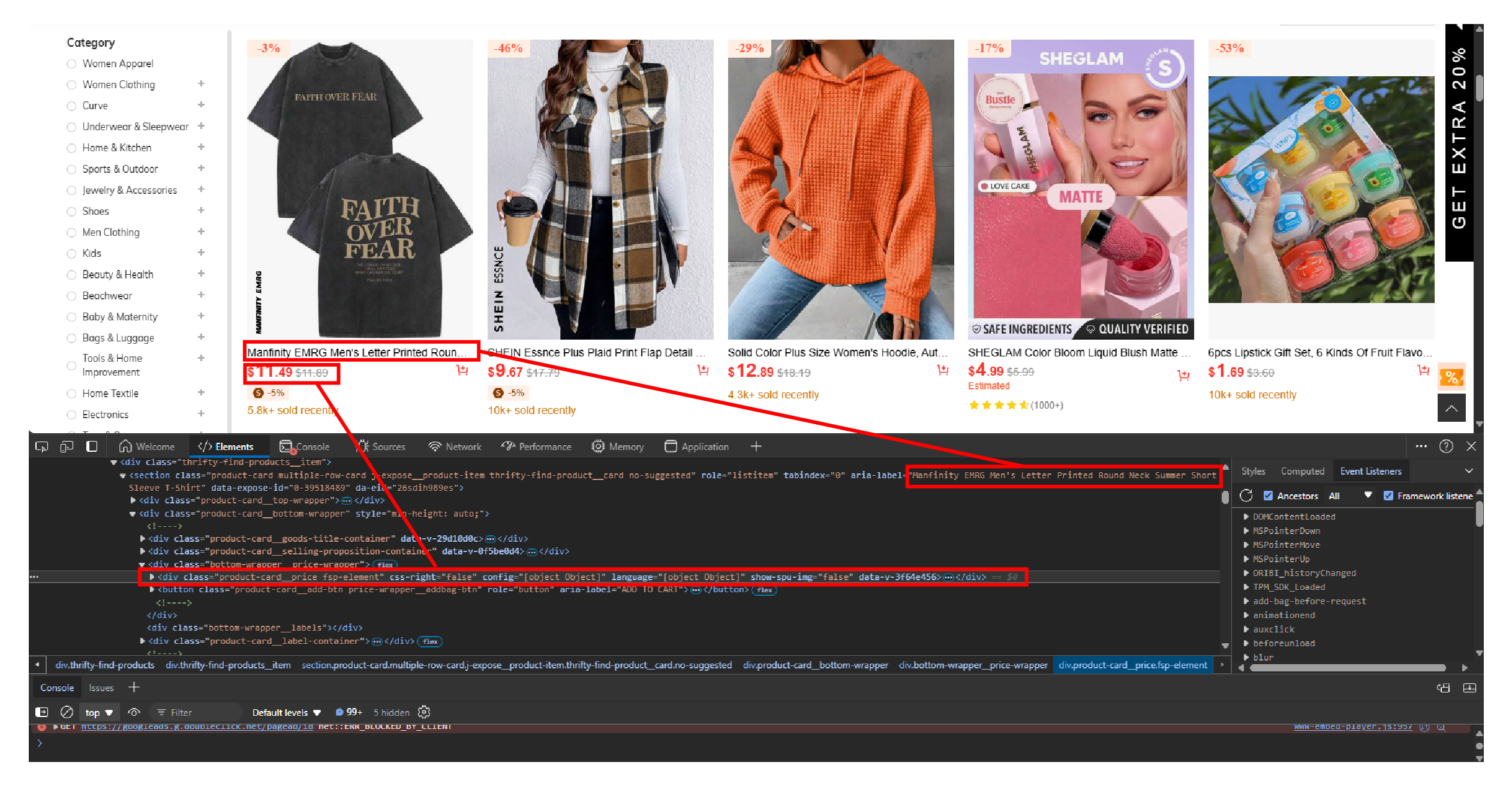 Developer tools showing product name and product price on Shein’s super-deals page