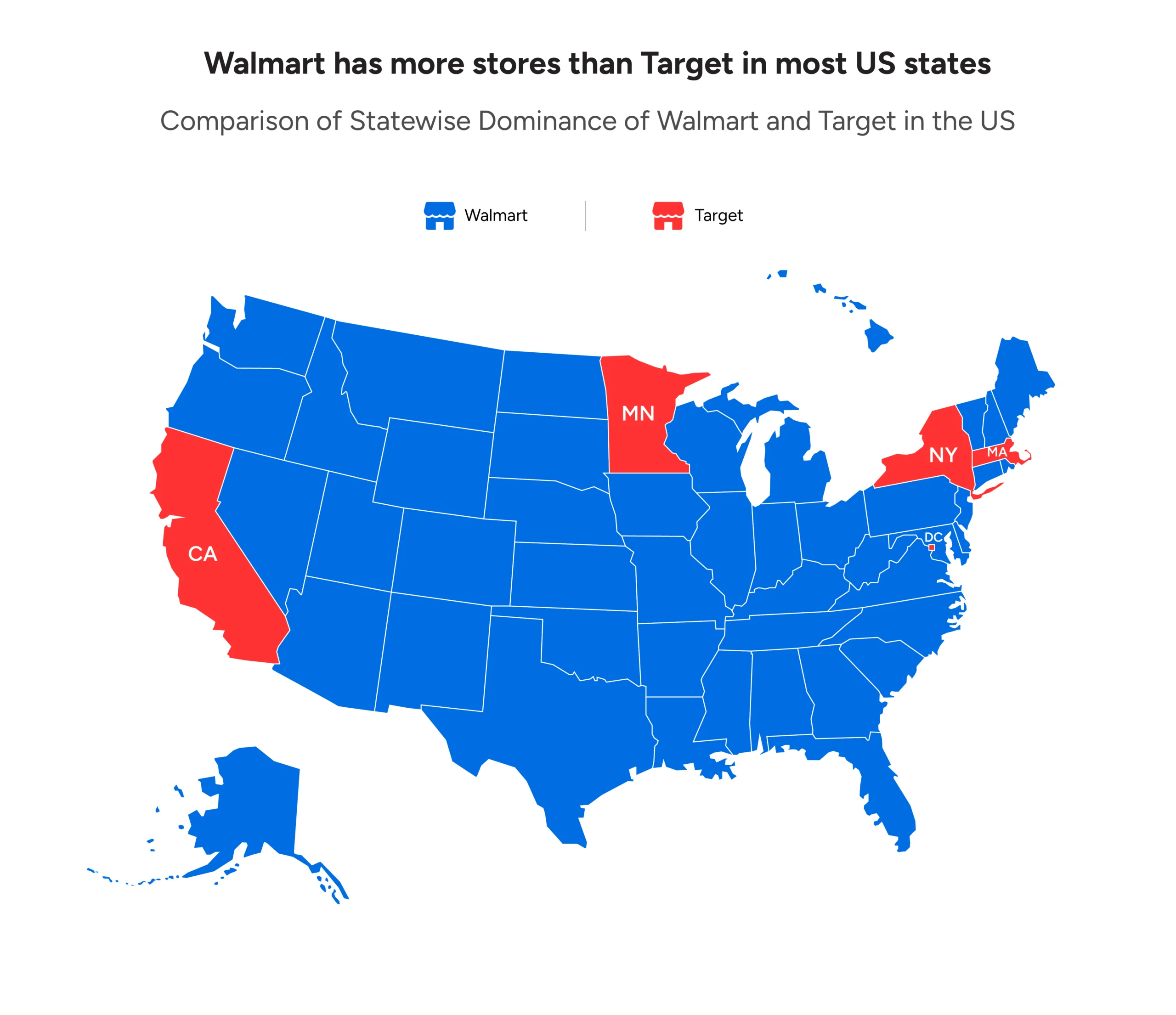 A map showing the statewise store dominance of Walmart vs. Target in the US. 