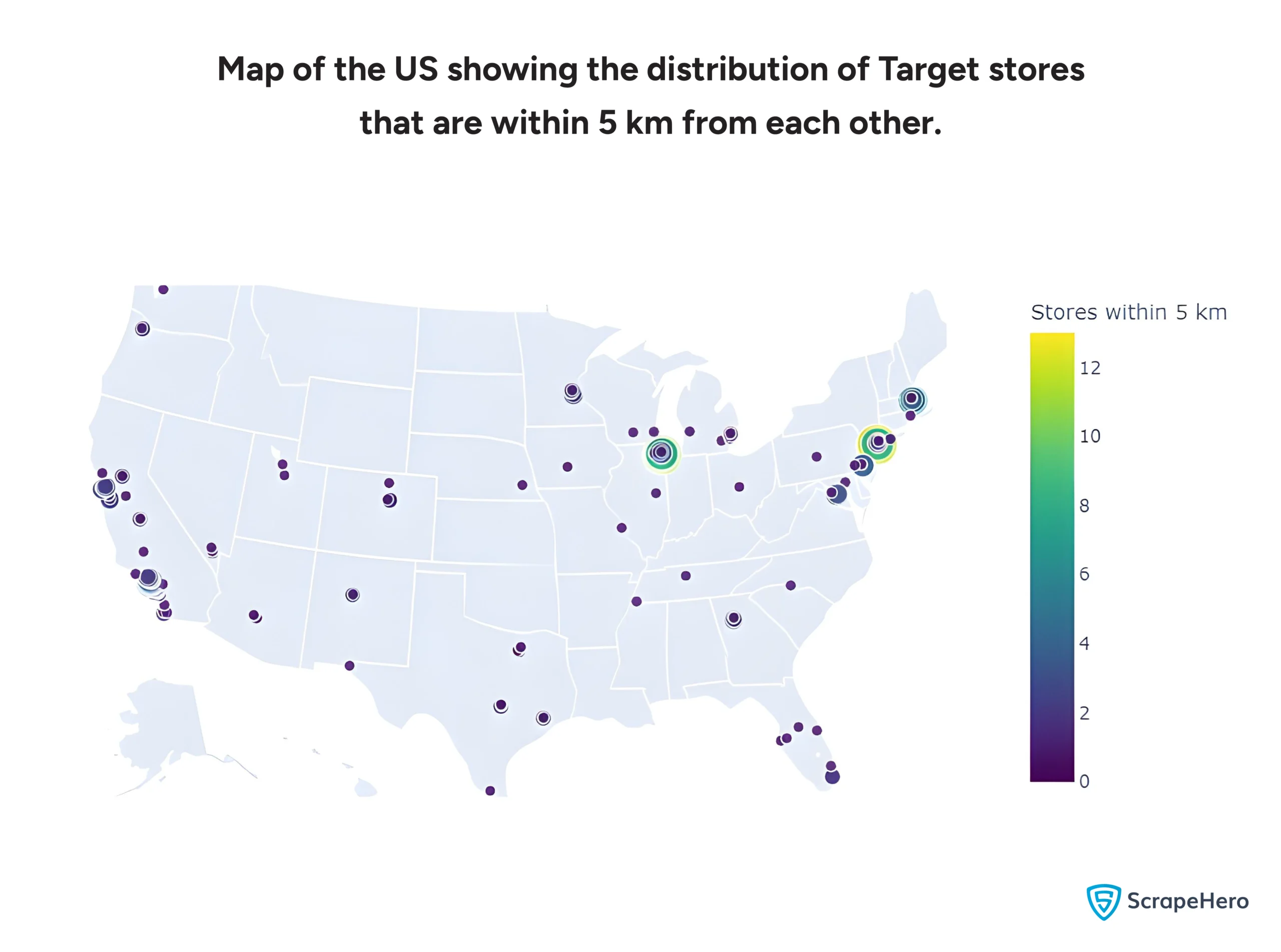 Map of the US showing the distribution of Target stores that are within 5 km from each other. 