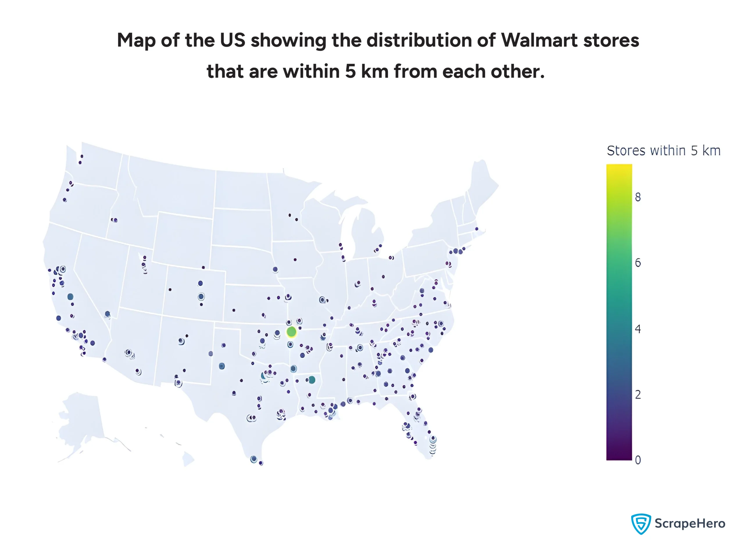 Map of the US showing the distribution of Walmart stores that are within 5 km from each other. 