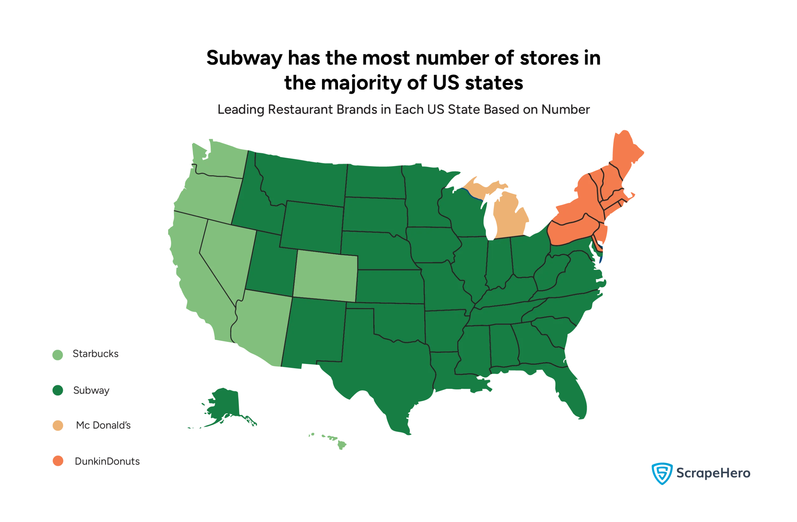 A map of the US showing the leading restaurant brands in each US state based on numbers. 