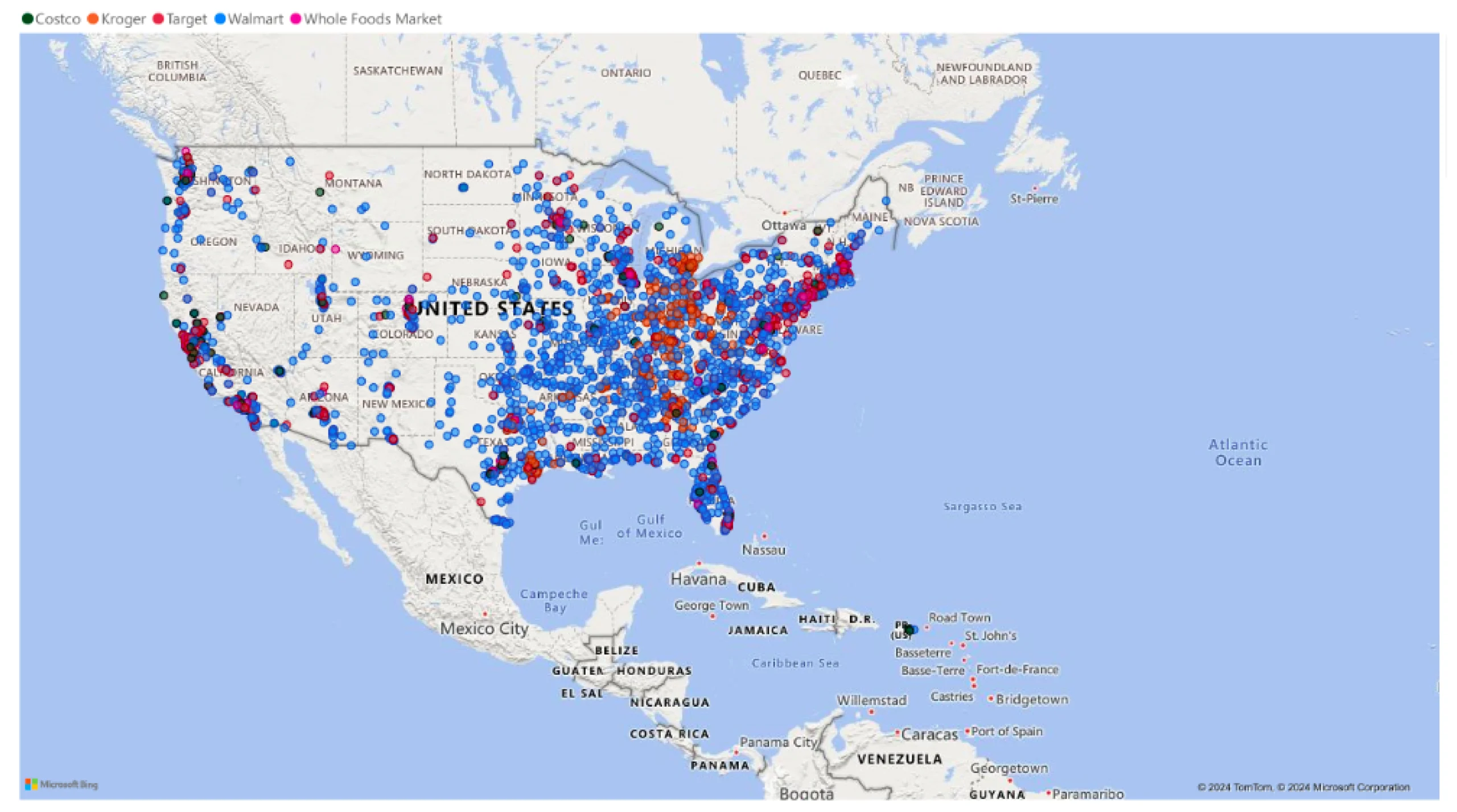 A map of the US showing the distribution of Kroger vs. competitors: Walmart, Target, Whole Foods Market, and Costco. 