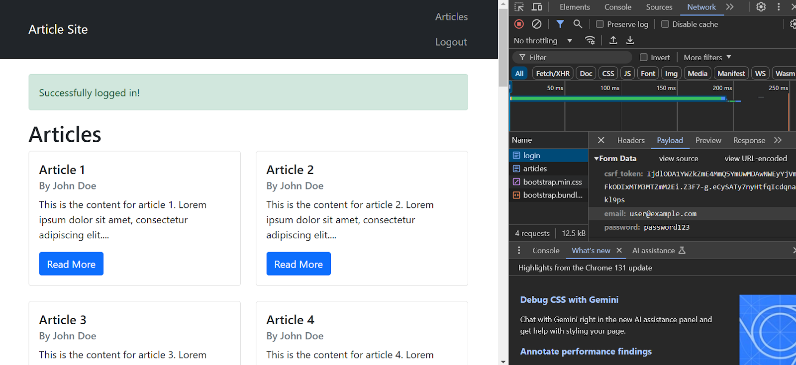 Inspect panel showing payload with the CSRF token. 