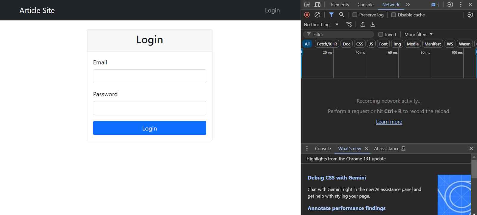 The inspect panel on the login page 