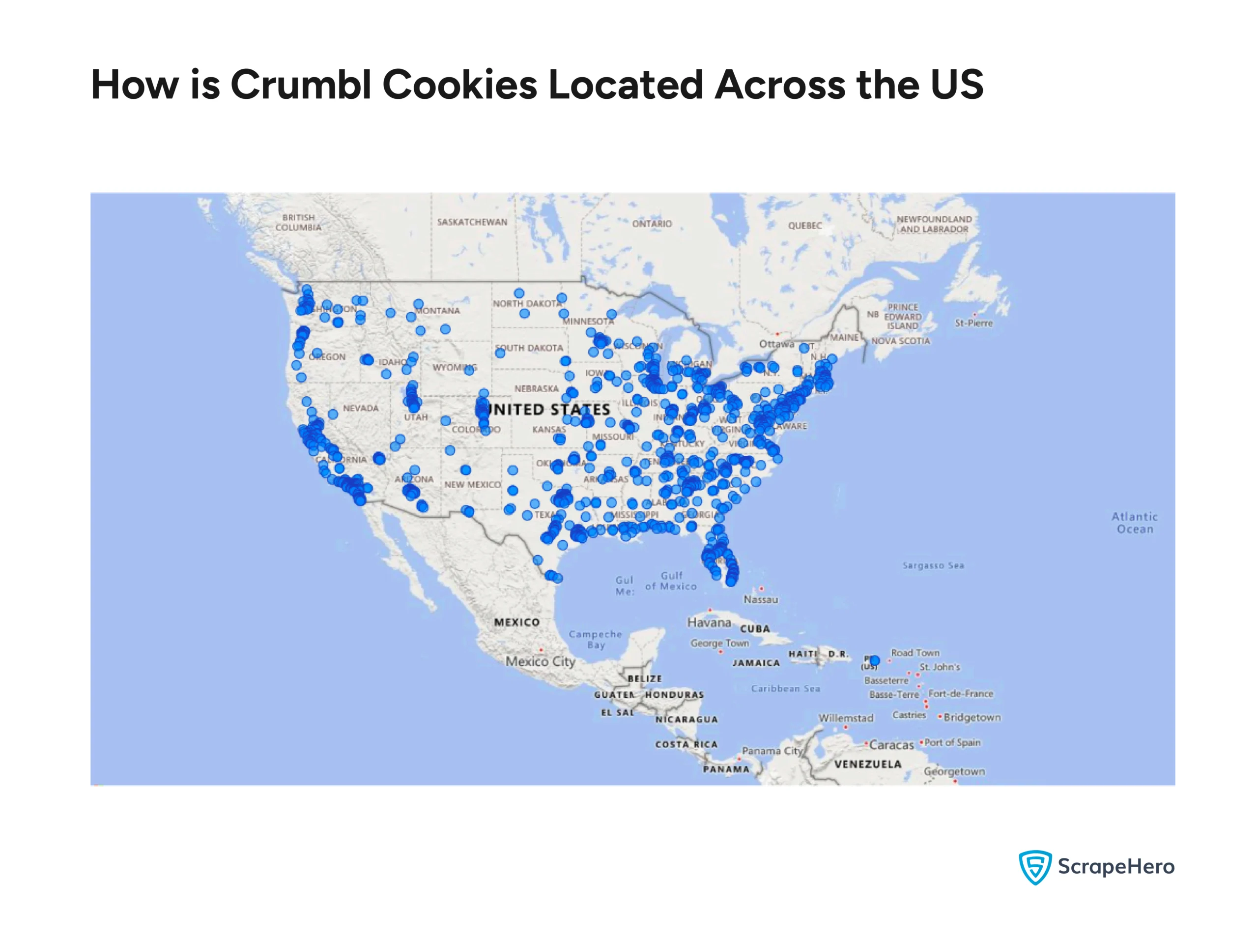 A map of the US showing the Crumbl Cookies store locations in the US. 
