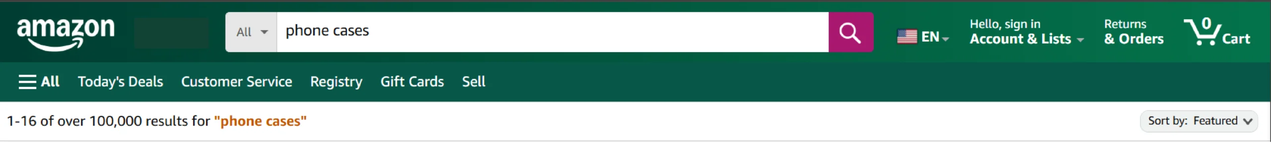 A screenshot displaying the number of search results for the entry ‘phone cases’ on Amazon. 
