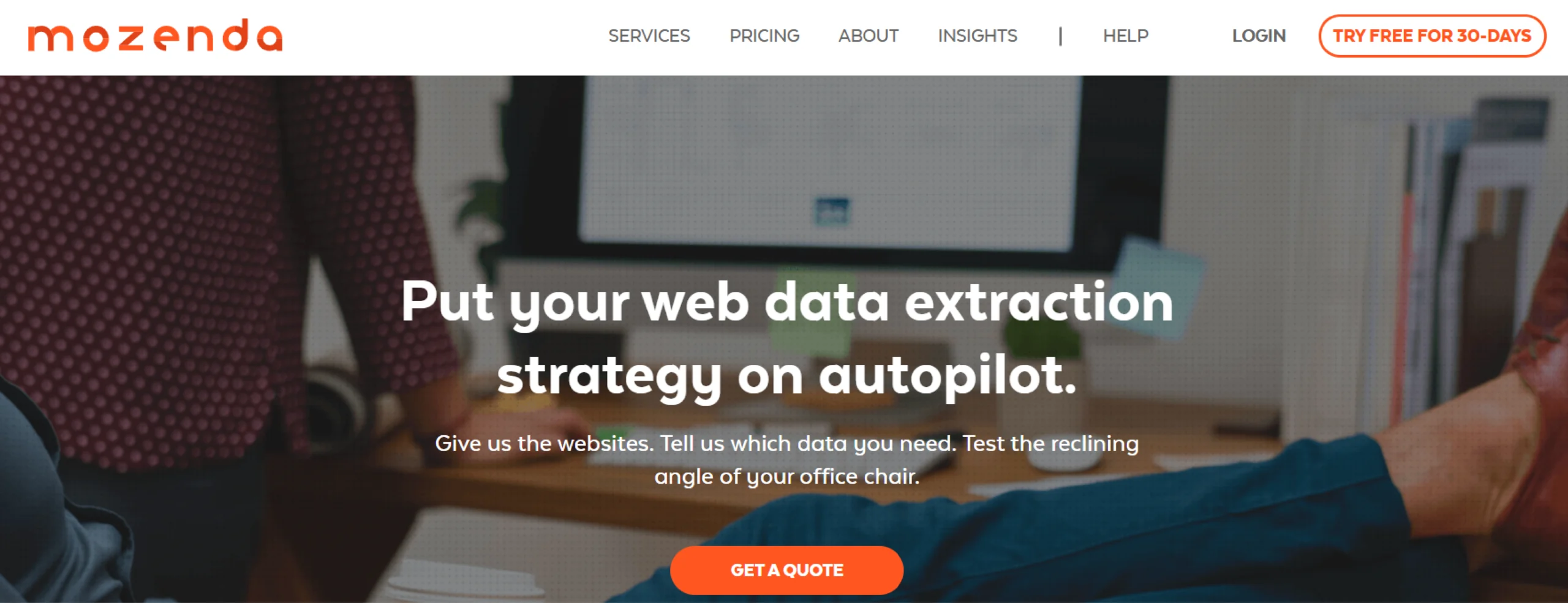 Screenshot of the home page of Mozenda, one of the best data extraction services in 2025. 