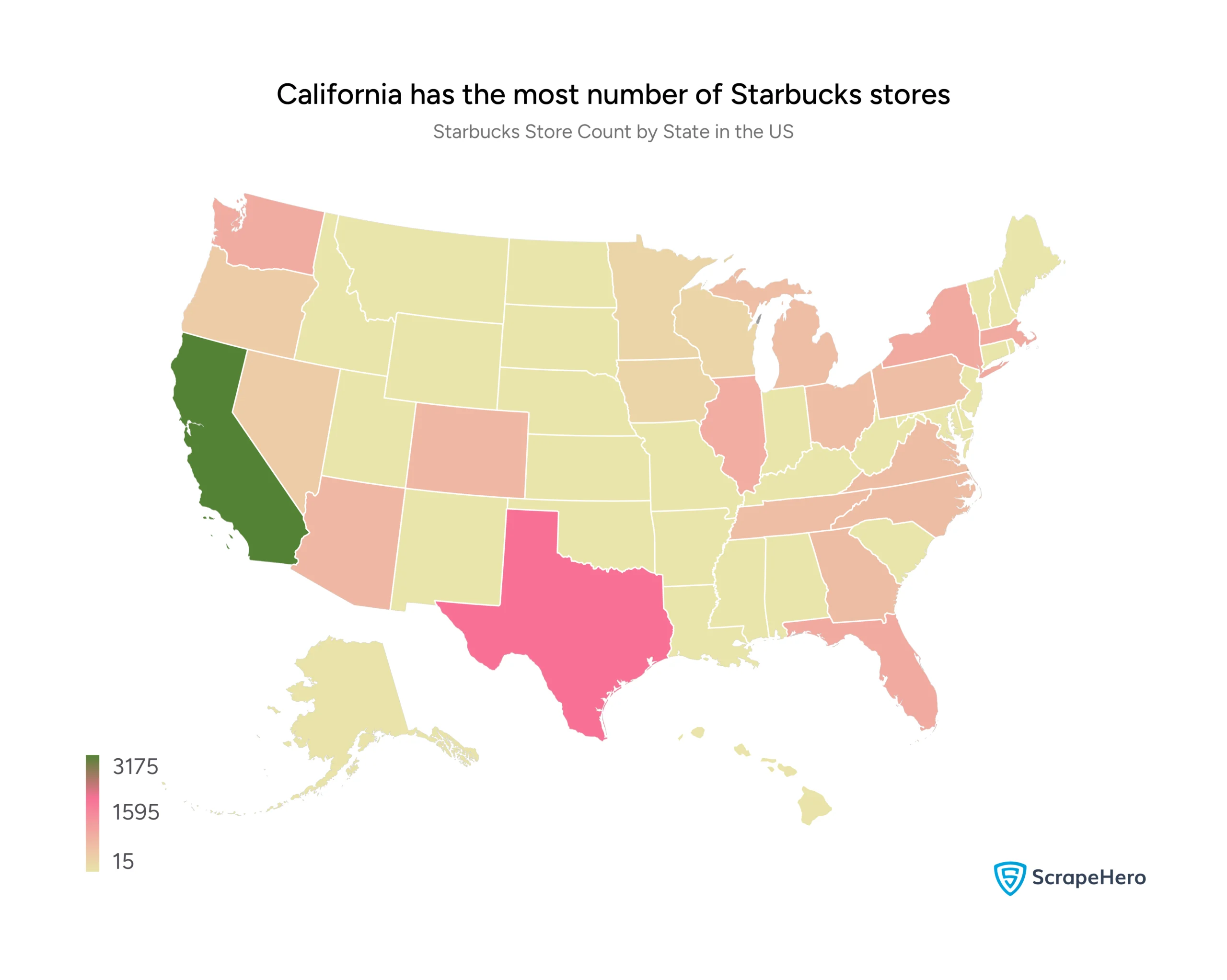 A heatmap of the US showing the visual representation of Starbucks store distribution across the US states.