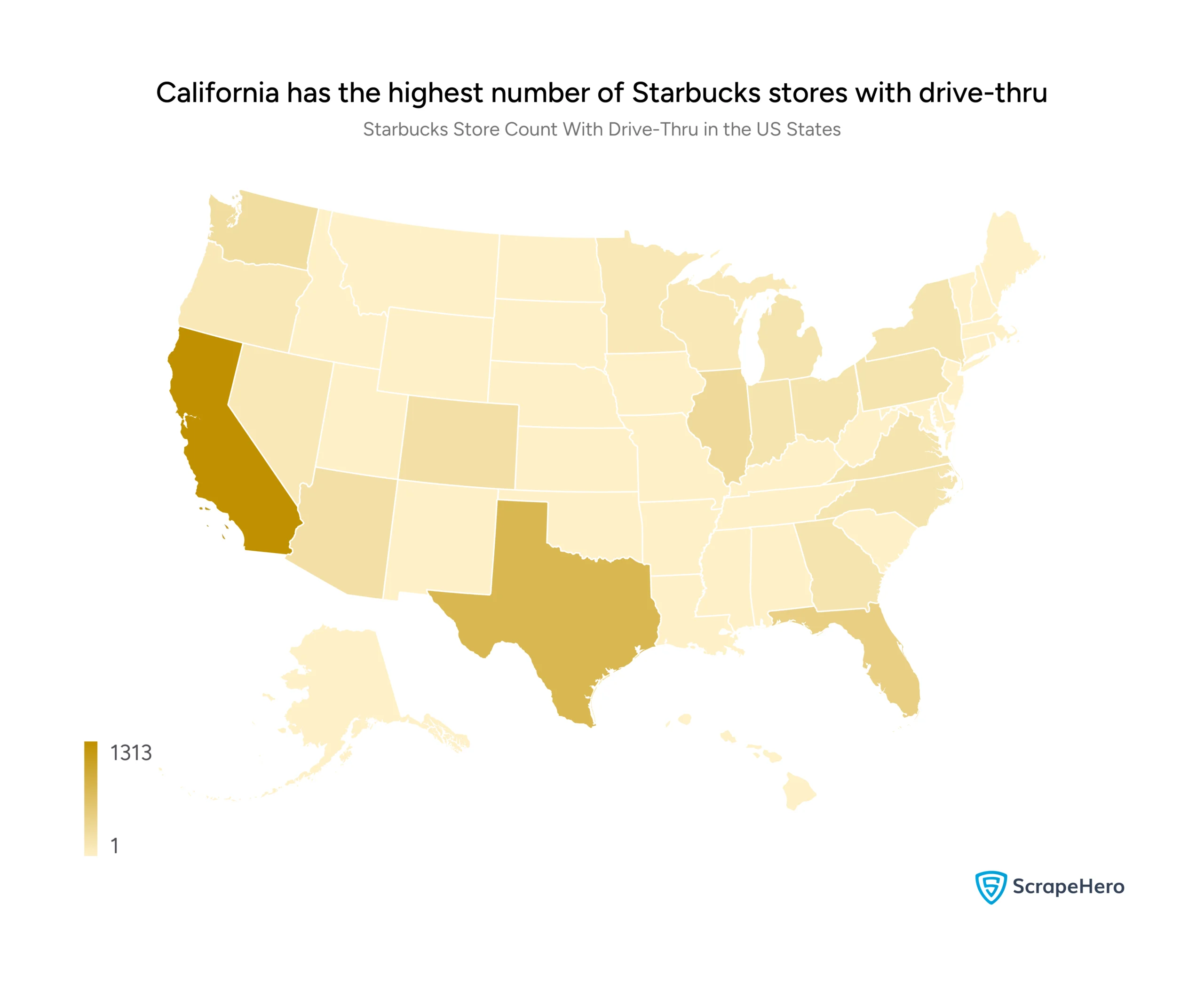 A political map of the US showing the store count of states with the most drive-thru Starbucks stores, collected for Starbucks location analysis. 