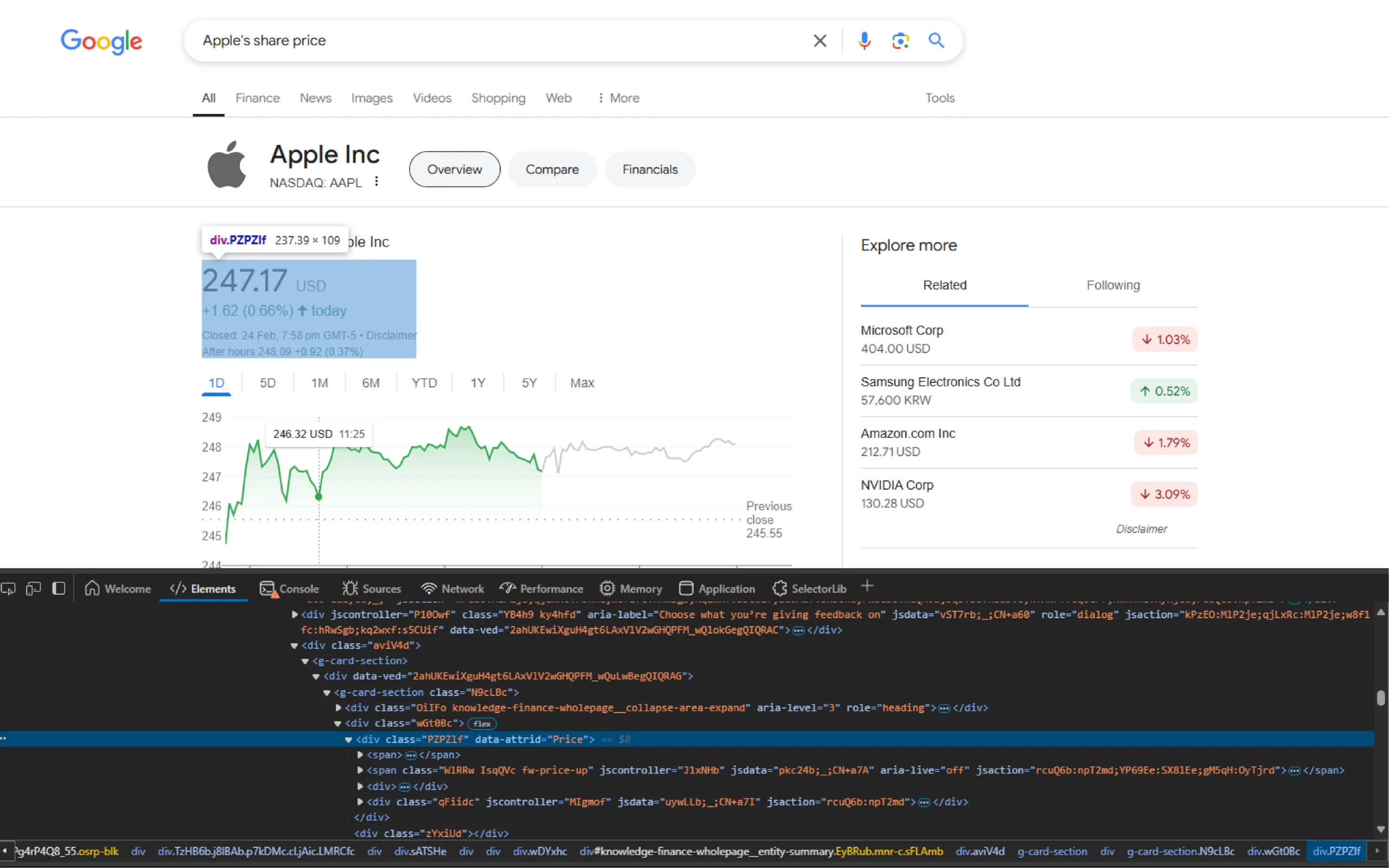 Browser’s inspect panel showing the div element holding the share price 